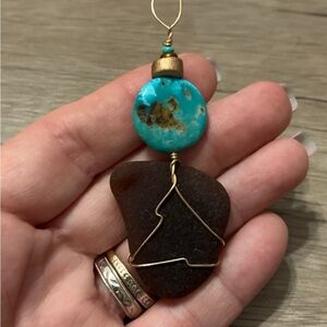 Turquoise and Brown Wire-Wrapped Pendant and Sea Glass